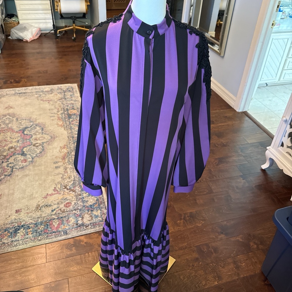 Striped Purple & Black Maxi Dress with Ruffle Hem - Picture 2 of 9